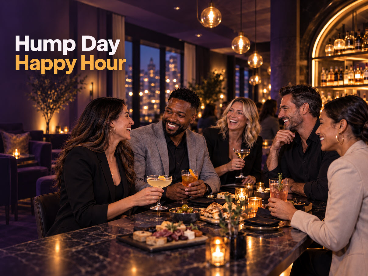 Real estate professionals talking over drinks at Hump Day Happy Hour